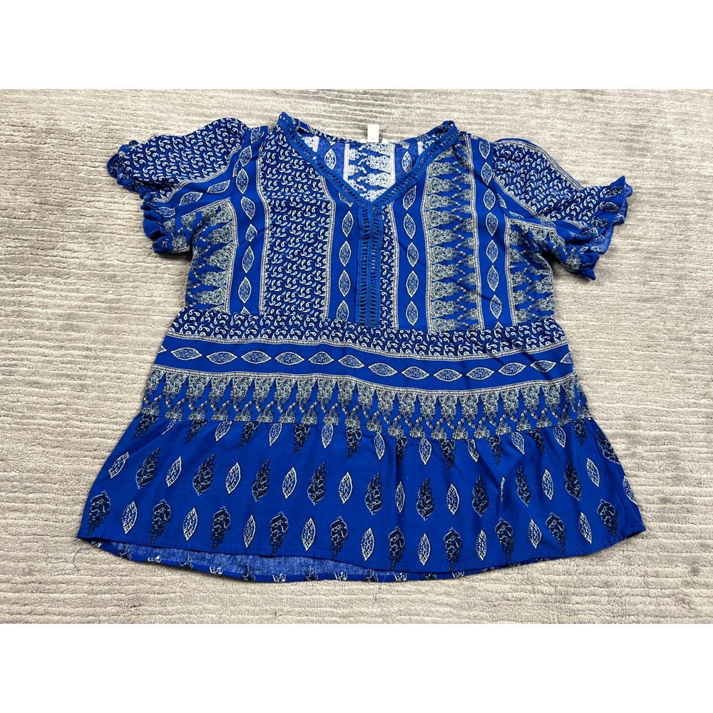 Est. 1946 Blouse Womens L Blue Paisley Boho Peplum Flutter Sleeve V-Neck Top